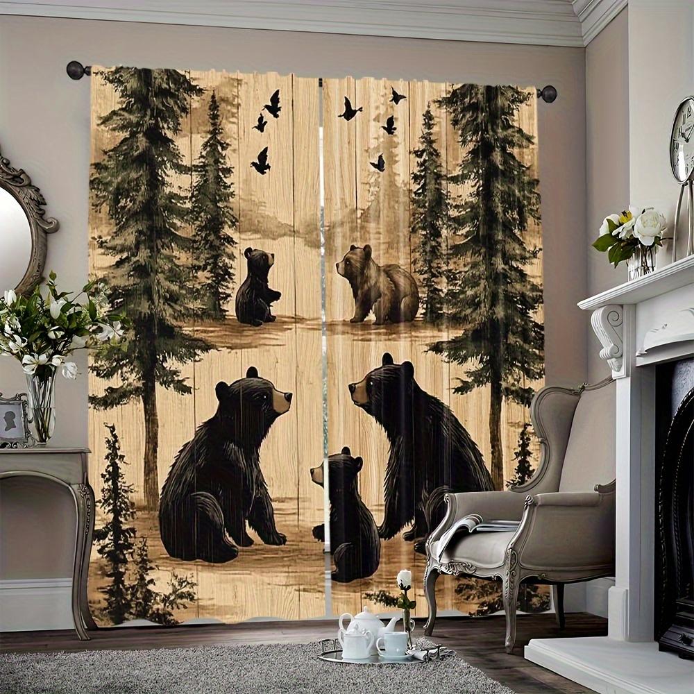 2pcs Vintage Bear Print Light Filtering Curtains - 100% Polyester Durable Machine Washable   Art Deco Forest Scene with Pine Tree
