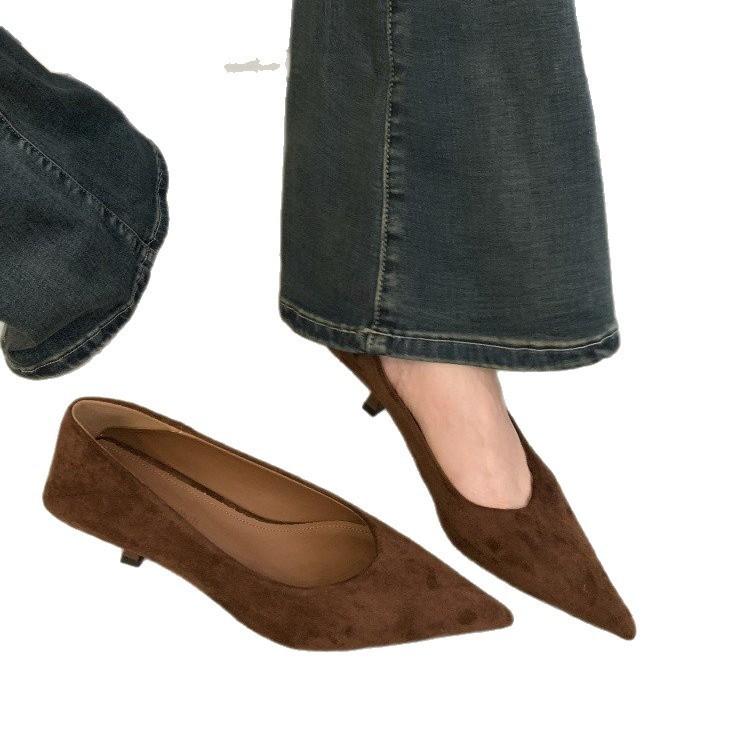 French Vintage Style Pointed Toe Suede High Heels For Women Office Wear