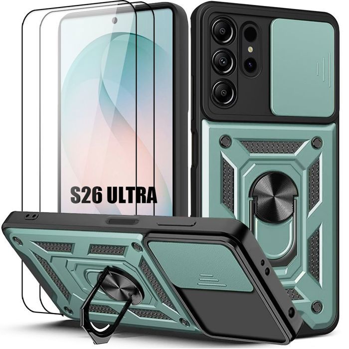 Coque pour Samsung Galaxy S26 Ultra, Robuste avec Cache Caméra Anti-Rayure -Vert - 2 Verres Trempés