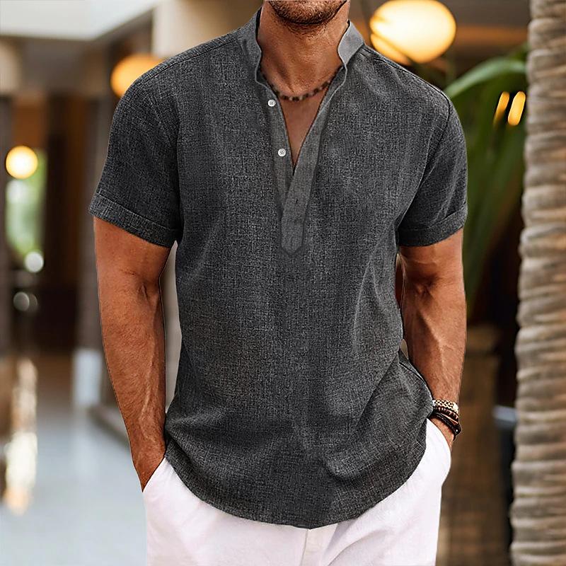 Men's Linen Shirts Short Sleeve Button Up Shirt Casual Summer Loose Fit Home Style Shirts