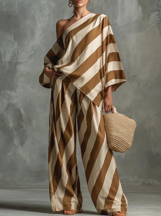 2026 Amazon Foreign Trade New Lazy Chic Retro Striped Printed Fashion Top and Wide-leg Pants Set