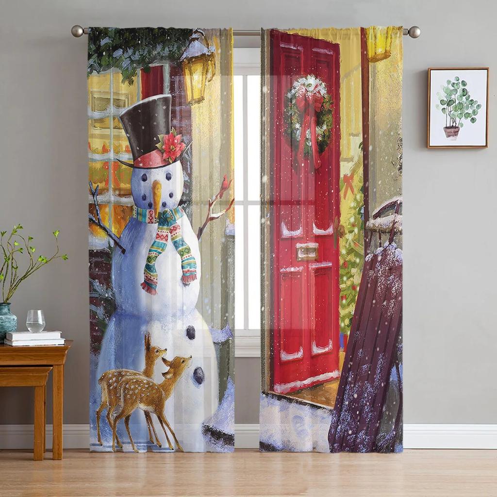 Wundervoller Weihnachtslandschafts-Tüll-Fenstervorhang für Wohnzimmer, Schlafzimmer, Voile, transparente Vorhänge, Küchenbehandlungen, Vorhänge
