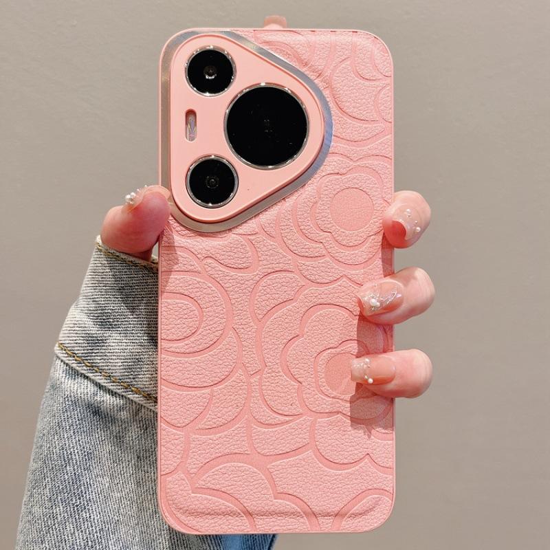 

Подходит для Huawei Pura70 Ultra Чехол для мобильного телефона с узором кожи камелии Magic6 Всесторонний защитный чехол Металлический объектив Huawei-Pura70 розовый