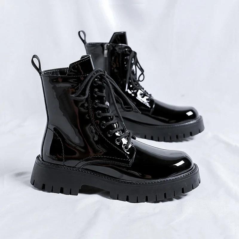 Fashion 2025Leather Boots for Men Round Toe Mid Calf Lace Up Height Increasing Spring Autum Newest Sewing Casual Fashion Shoes