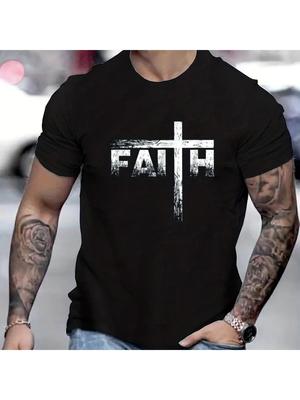 Men's Summer 3D Printed Men's T-shirt Faith Print Loose Large Casual Round Neck Short Sleeve T-shirt