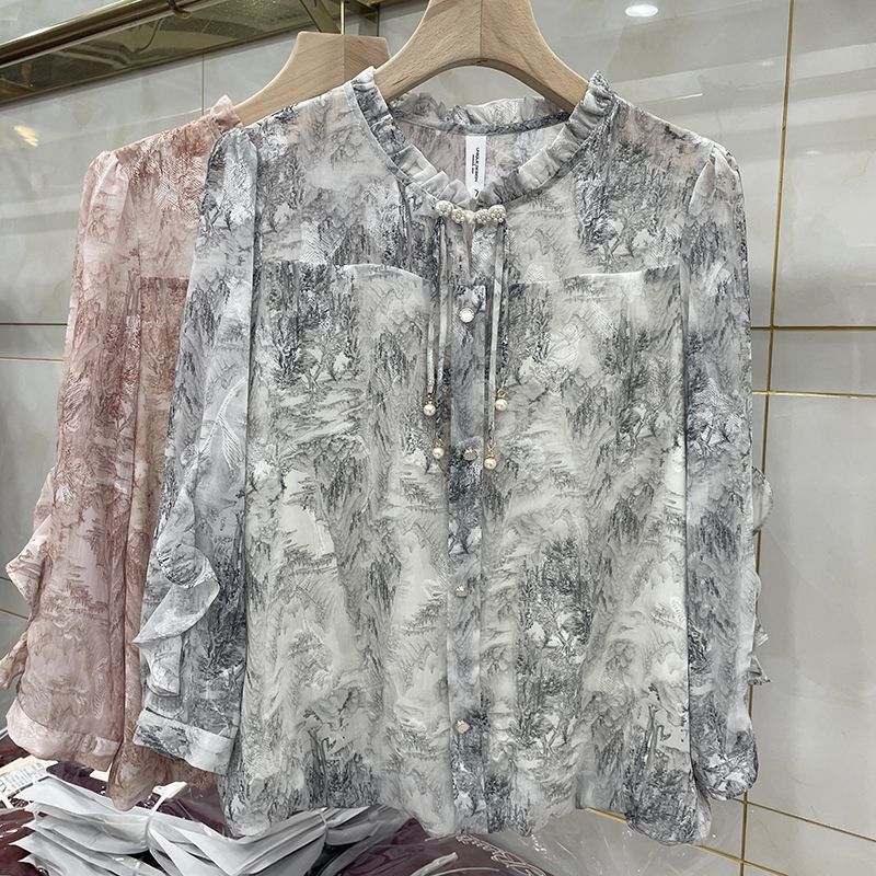 Spring Floral Chiffon Shirt Women Loose Fit Fashion Slimming Printed Lace Collar Blouse