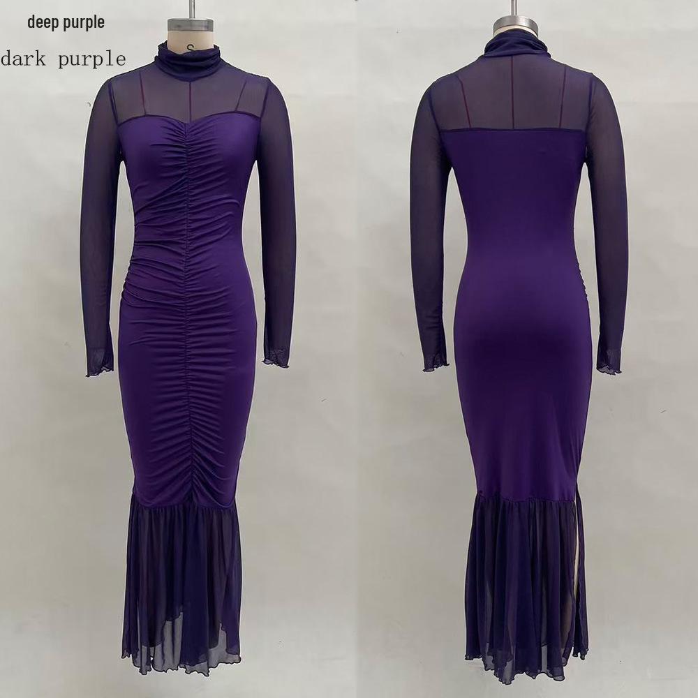 

Elegant Long Sleeve Solid Color Patchwork Dress with Slit - European American Style Small