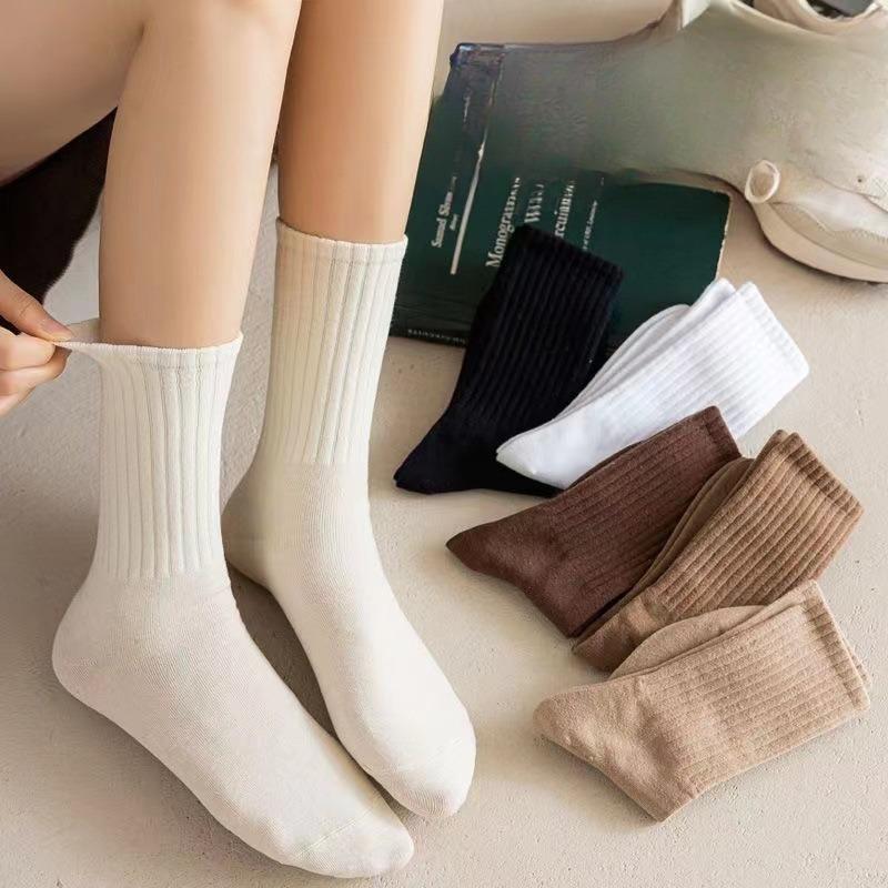 Chaussettes mi-mollet pour femmes, chaussettes éponge d'automne et d'hiver, couleur unie à rayures verticales, style collège, style sportif décontracté, chaussettes longues étudiantes
