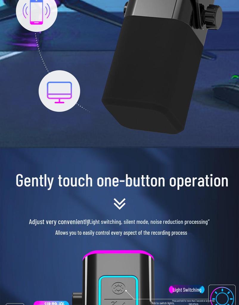 USB RGB Live Streaming Microphone with Noise Reduction and Plug-and-Play, HD Sound, Driver-Free