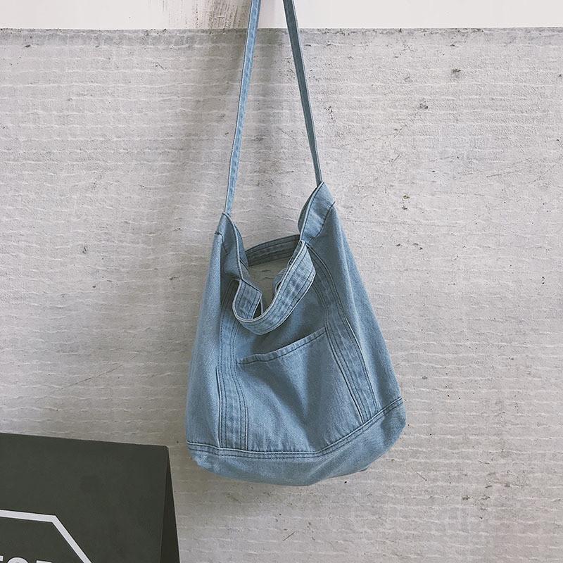 IELGY Denim Bag Large-Capacity One-Shoulder Messenger Korean Version Trendy All-Match Handbag
