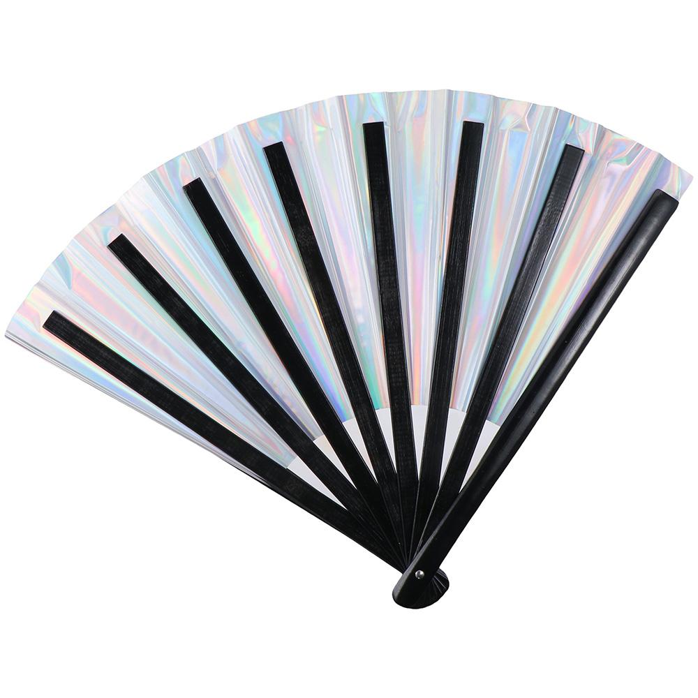 Silver Laser Rave Hand Fan,Large Folding Hand Rave Fan,Laser Film Bamboo Fan,Clack Handheld