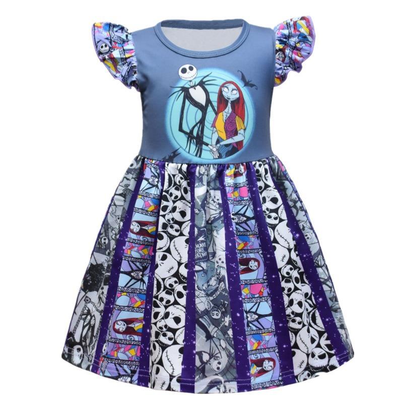 European And American Children'S Skirts Halloween Horror Night Children'S Dresses Short Ruffle Sleeves Girls Clothes Round Neck Evening Dresses