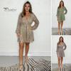 Prom Party Dress Shimmering Sequin Long Lantern Sleeves with Lace-up Strap Elastic Waist V Neck A-line Dating Mini Dress Spring Fall Evening Dress