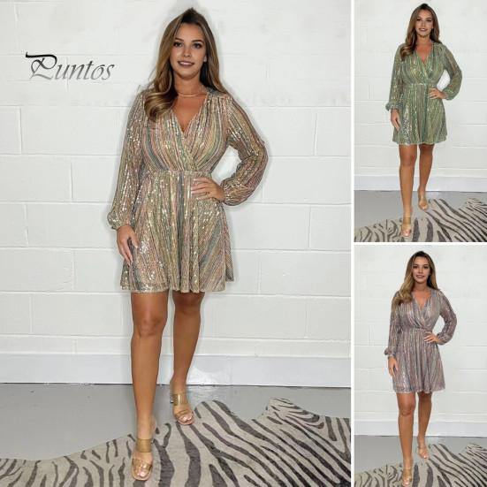 Prom Party Dress Shimmering Sequin Long Lantern Sleeves with Lace-up Strap Elastic Waist V Neck A-line Dating Mini Dress Spring Fall Evening Dress