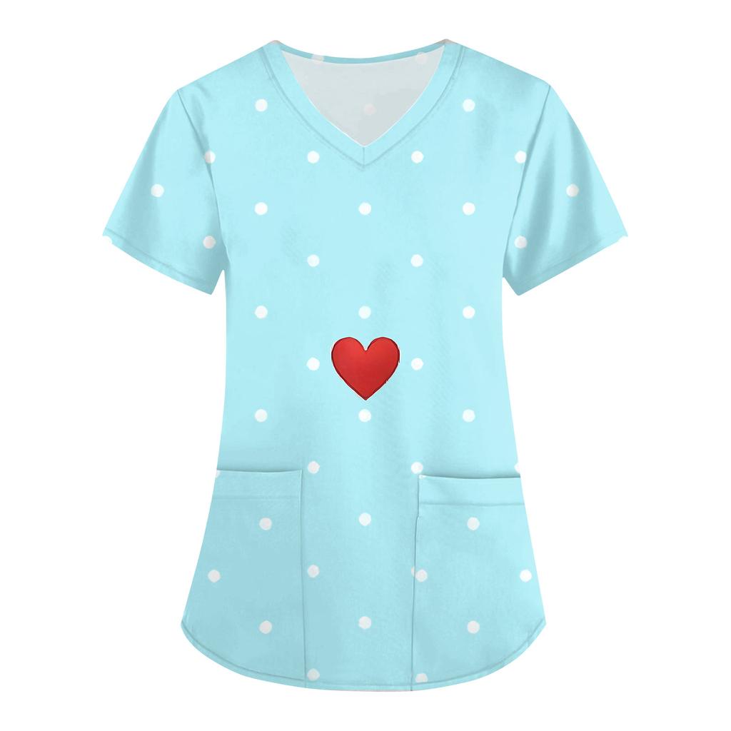 Women's Fashion V,Neck Short Sleeve Overalls With Pockets Valentine's Day Printed Tops Clothes
