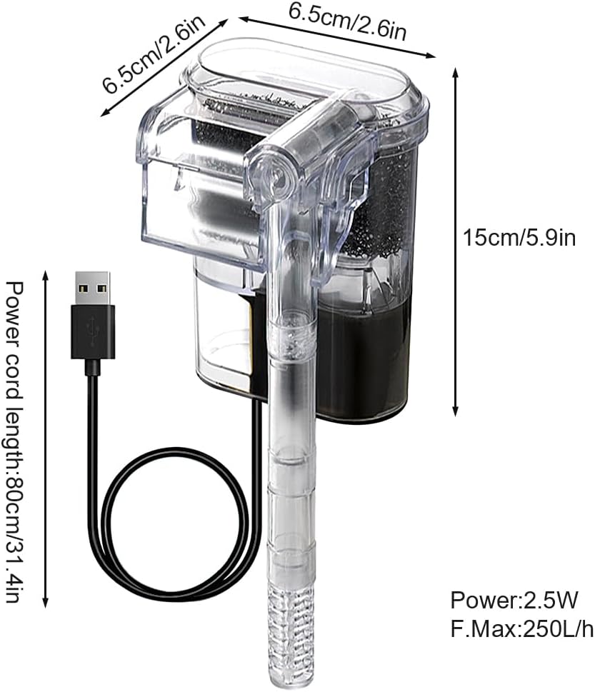 USB Powered Suspended Aquarium Filter Mini Hanging 2.5W 250L/H Flow for Small Fish Tanks Below 30cm Freshwater Pond Water Pump