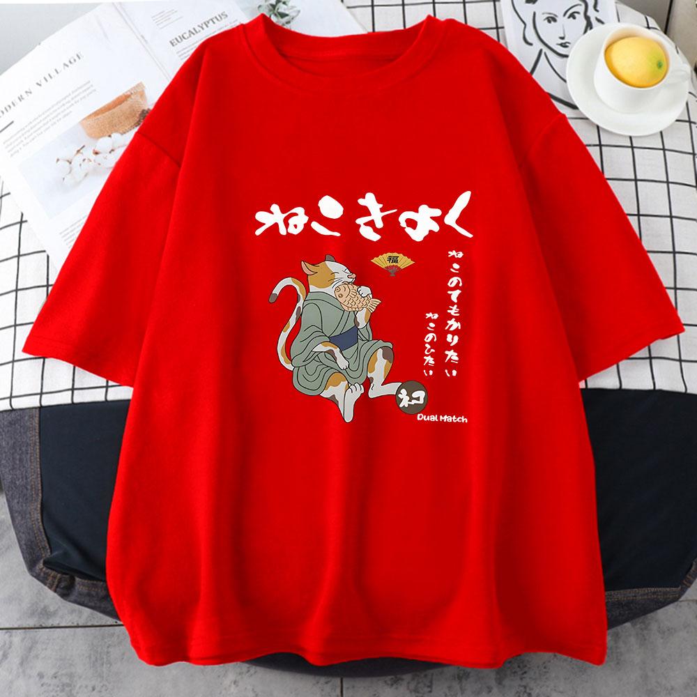 Japanese Kanji Cat Tshirt for Women Fashion Print Animals Summer Short Sleeve Female Kawaii T Shirt Cute Young Girl Clothes Y2k
