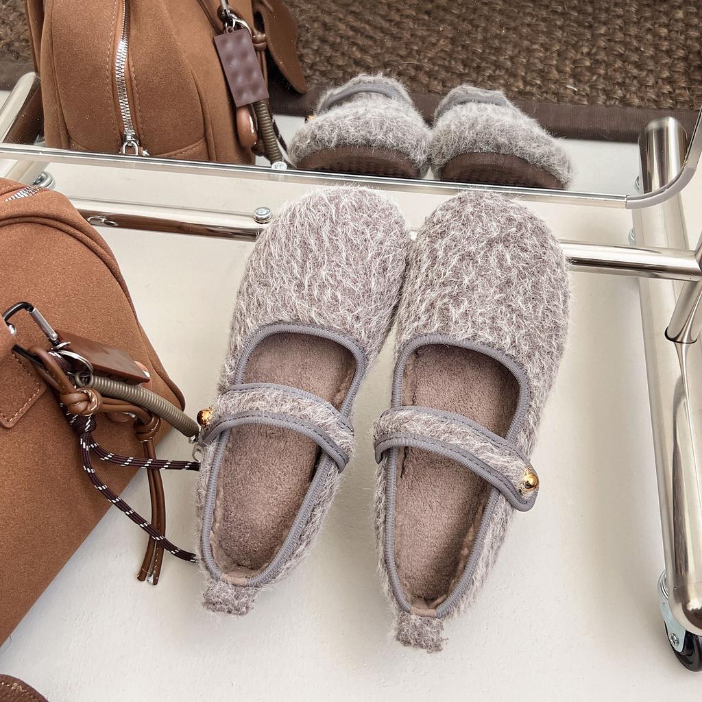 Customized autumn and winter gray velvet flat cotton shoes velvet warm French retro Mary Jane shoes