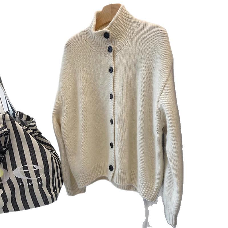 2025 Autumn/Winter Women's 100% Pure Wool High Neck Cardigan - Solid Color, Long Sleeve, Buttoned Wool Knit Sweater.