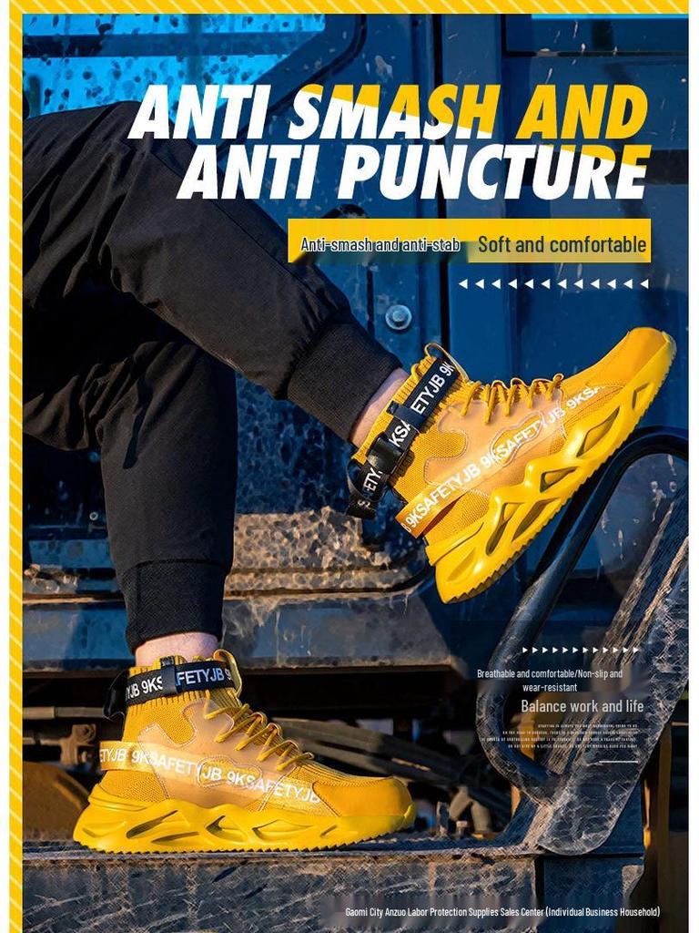All-Season High-Top Safety Work Shoes: Anti-Smash, Anti-Puncture, Lightweight, Elastic Shock Absorption, Breathable Fly-Knit Design