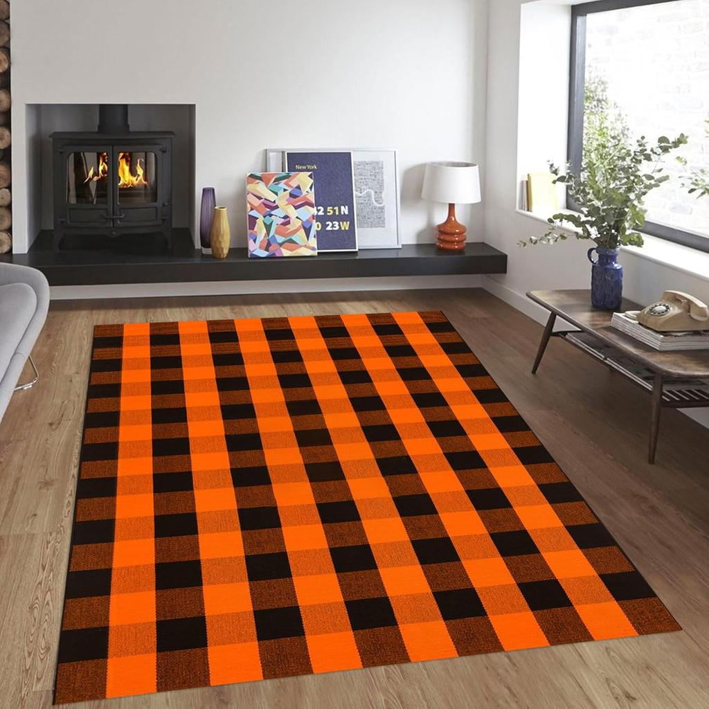 Modern Home Orange Checked Carpet Minimalism Absorbent Non-Slip Floor Mat Living Room Bedroom Doorway Dining Room Decor Rug