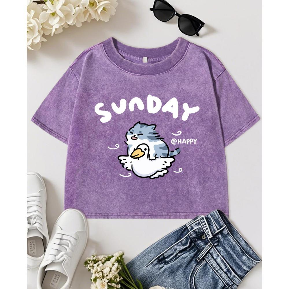 Happy Sunday Cat Duck Printwashed Crop T-Shirt Women O-Neck T Shirts Fashion Cotton Sportswear Casual Slim T Shirt