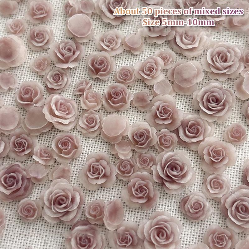 50Pcs Diy Nail Art Decor 3D Rosa Chinensis Flower Rose Flower Nail Drills Mixed Size Camellia Flower Nail Drill Manicure Design