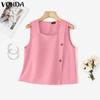 VONDA Women Summer Square Neck Sleeveless Side Decorate Buttons Casual Tank Tops