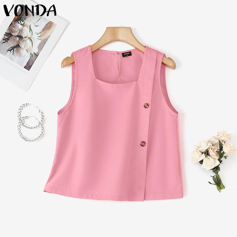 VONDA Women Summer Square Neck Sleeveless Side Decorate Buttons Casual Tank Tops