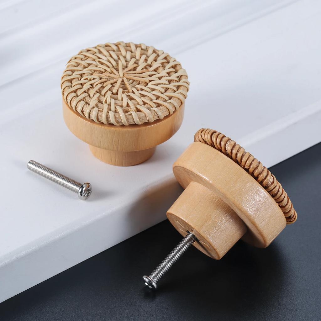 2 Stuks Rotan Houten Ladeknop Woondecoratie Handgemaakt Kastmeubilair Handgrepen Keukenkast Deurknoppen+Schroef 30/35/40/45mm