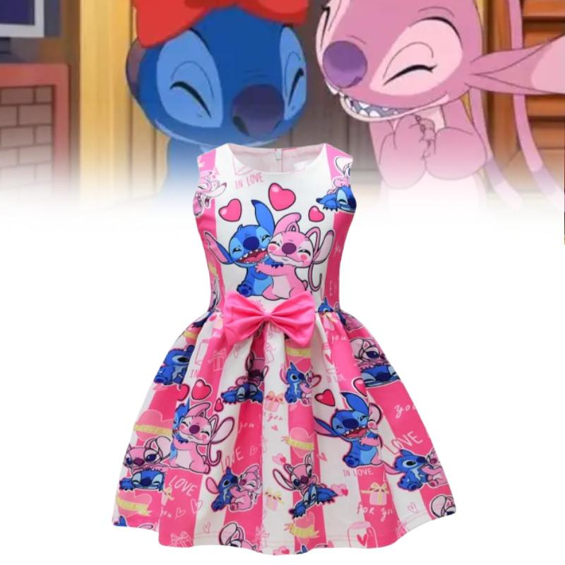 Vestido de Princesa Lilo e Stitch para Meninas com Laço de Borboleta Mistura de Algodão para Usar na Primavera Outono