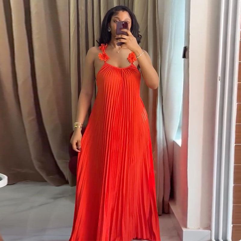 European and American summer new sweet and fresh suspender backless pleated dress long dress