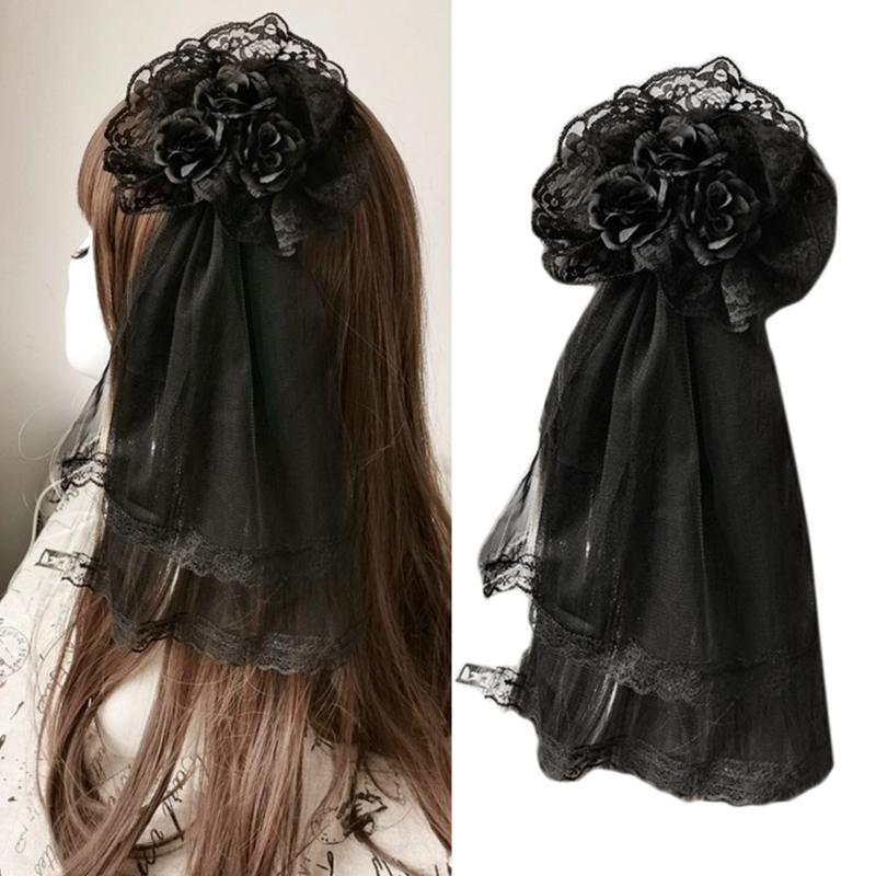 Lolita Gothic Headdress Lace Veil Headwear Rose Side Clip Barrette Halloween Cosplay Accessories Party Headpiece
