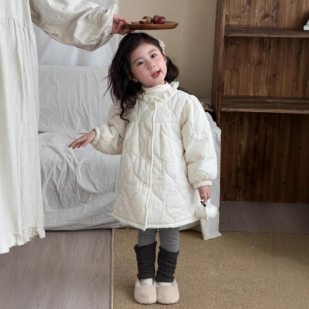 Winter New Children's Clothing Korean Style Children's Lace Embroidered Cotton Long Cotton Clothes Girls' Fleece-lined Lace Princess Cotton Coat