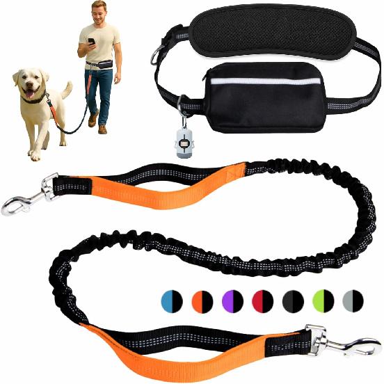 Hands-Free Dog Leash for Dogs up to 130 lbs – Heavy-Duty, Shock-Absorbing Bungee Leash with Zipper Pouch, Dual Padded Handles & Adjustable Waist