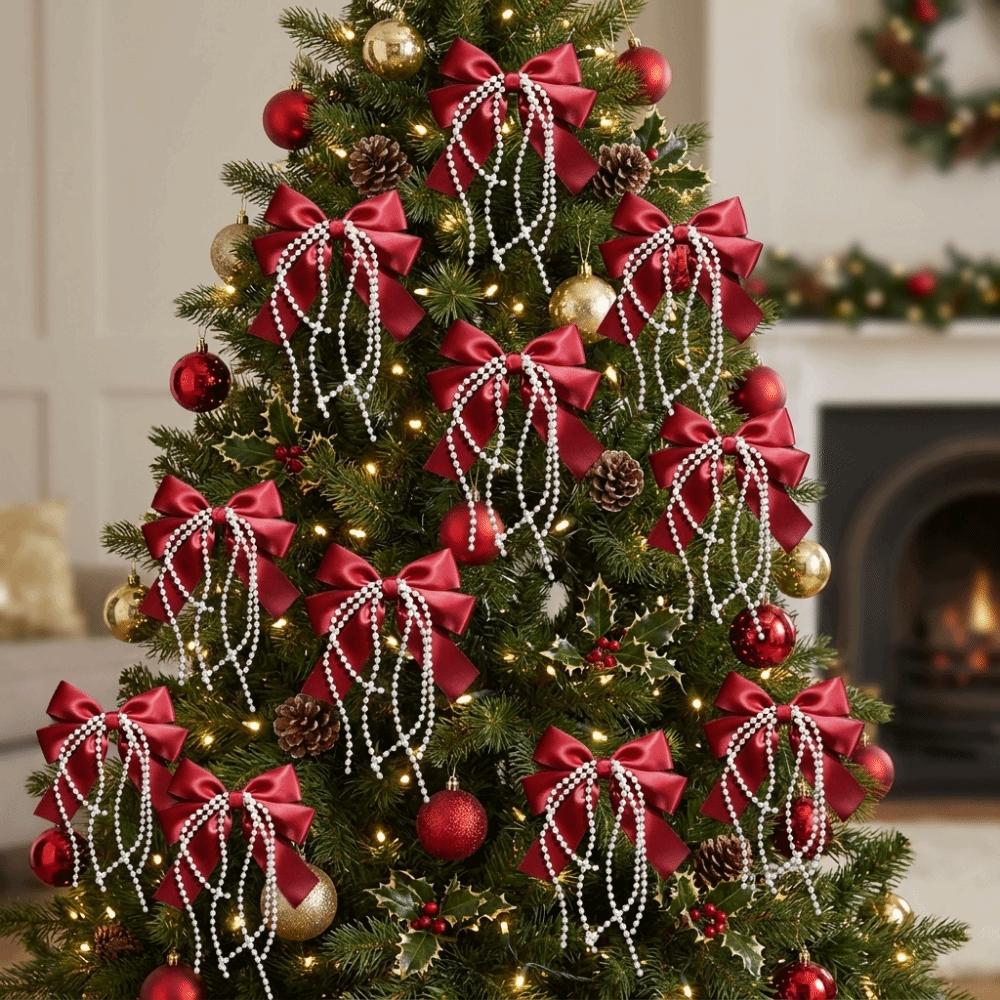 12Pcs/Set Elegant Bowknot Pearl Hanging Pendant Christmas Tree Ornaments Xmas Party Supplies