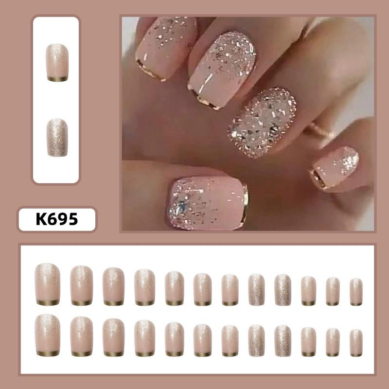 

24Pcs Nude Glitter Press On Nails Short Square False Nail Tips 1PCS розовый
