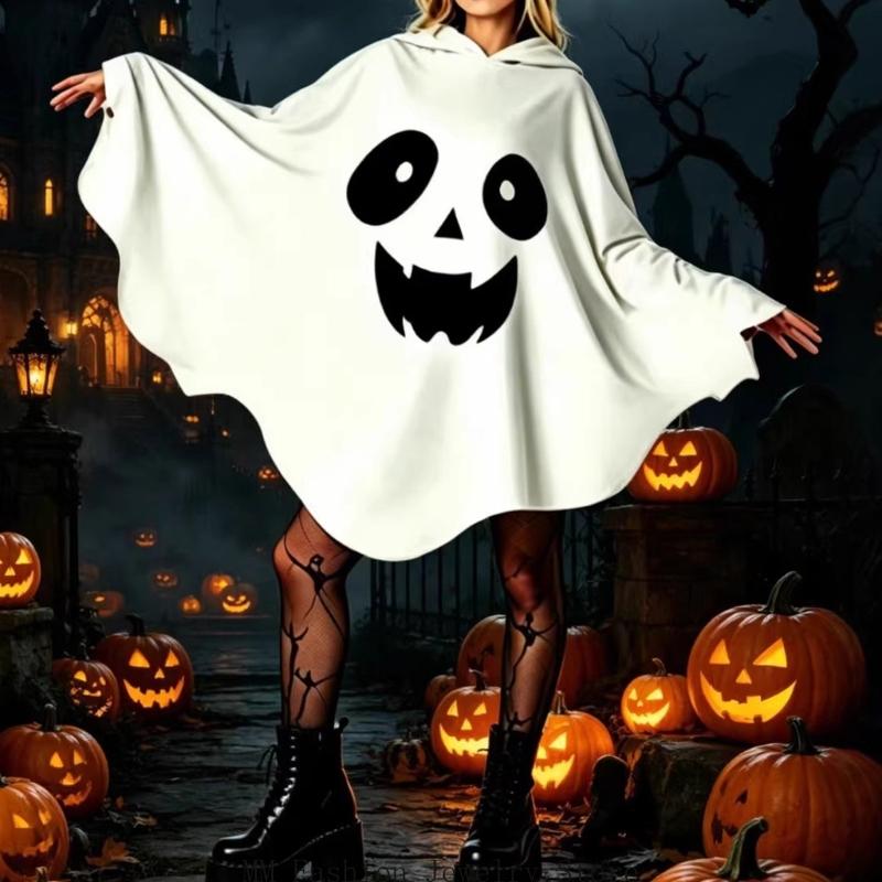 Single Piece Ghostly Costume for Halloween Party Wear, White Hooded Capes Outfit for Teens Adults Costume D0UB
