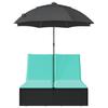 Double Sun Lounger with Cushions & Parasol Black Poly Rattan