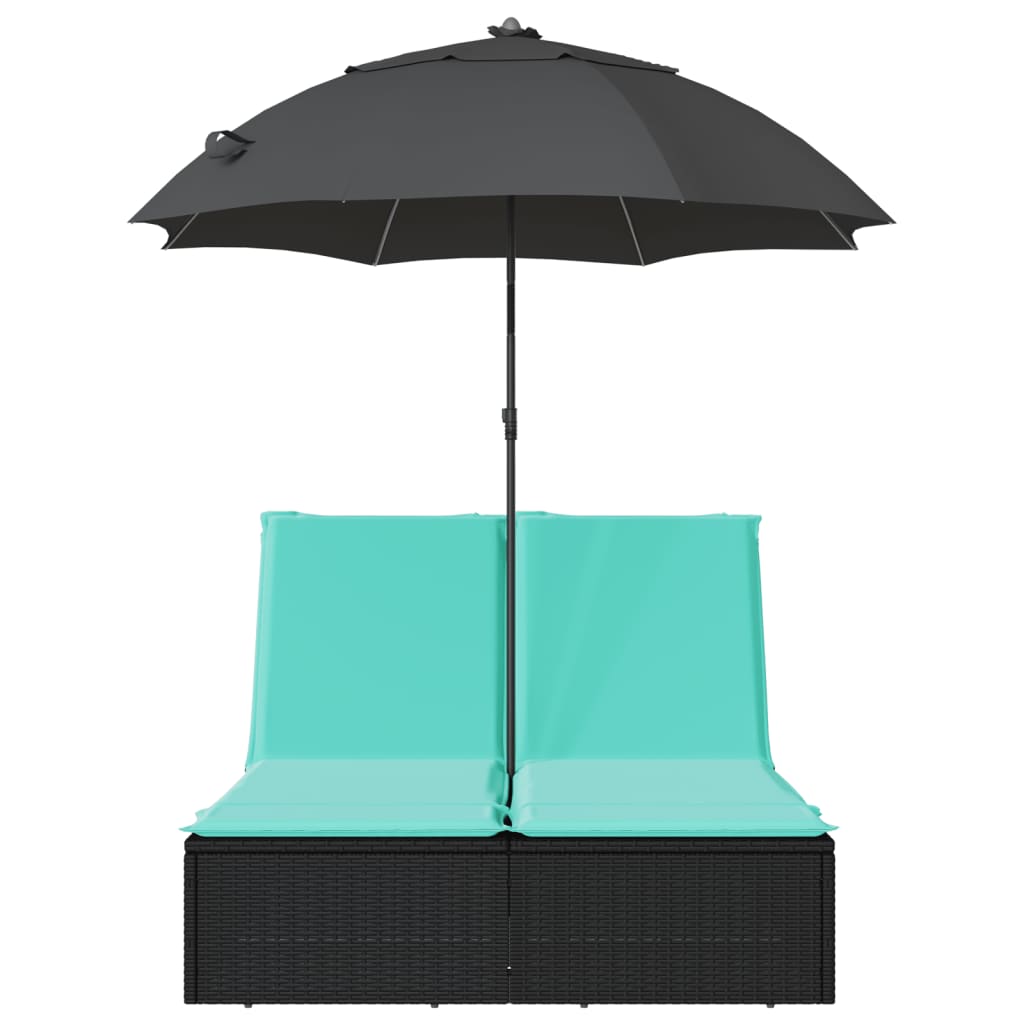 Double Sun Lounger with Cushions & Parasol Black Poly Rattan