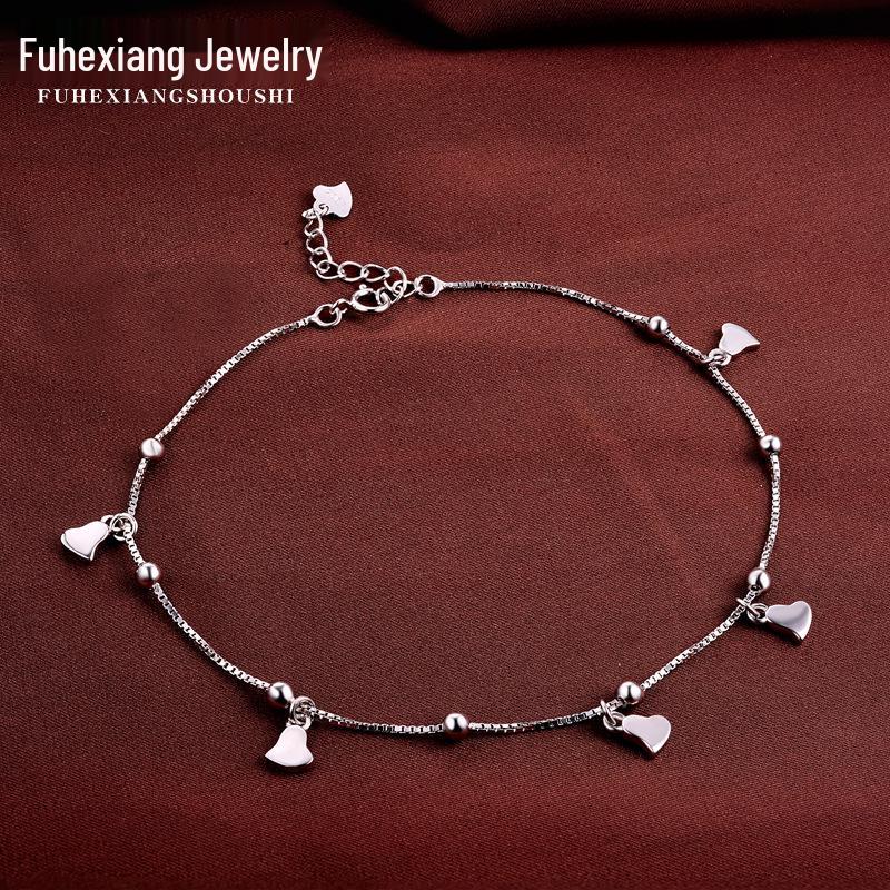 925 Silver Korean-Style Heart Anklet - Simple, Sweet, Fashion Jewelry for Women & Girls