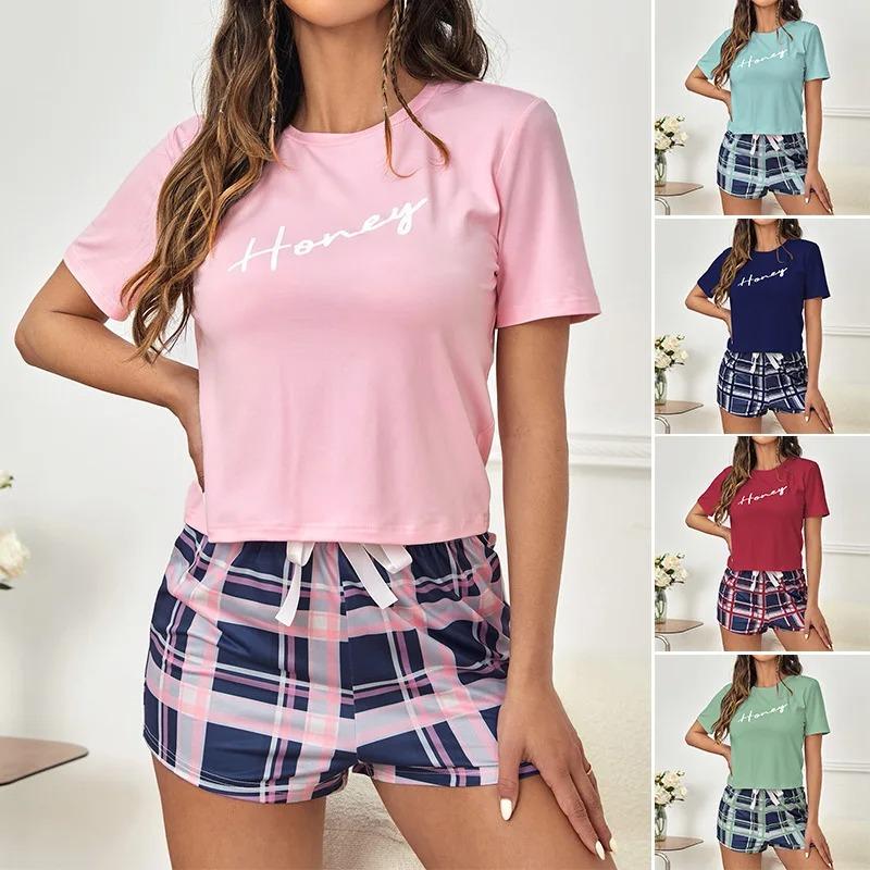New Women's 2 Piece Pajamas Sets Letter Short Sleeve Pullover Tops and Drawstring Plaid Shorts Casual T Shirt Loungewear Pjs Set