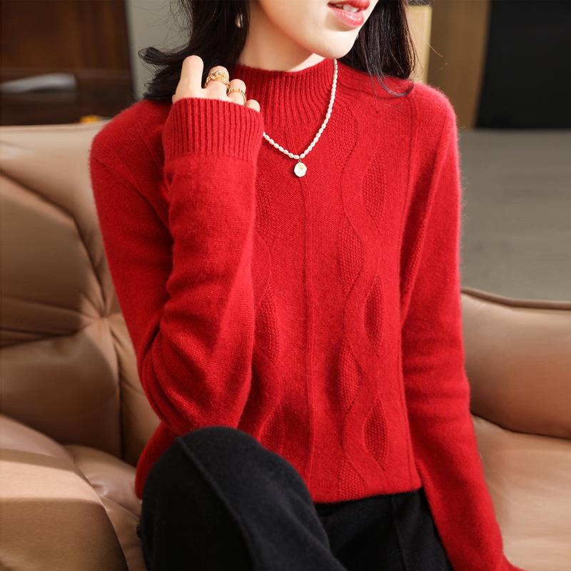 Half-high Neck Hollow Large Wavy Cardigan for Women In Autumn and Winter Loose and Versatile Knitted Base Shirt Skin-friendly Long-sleeved Sweater
