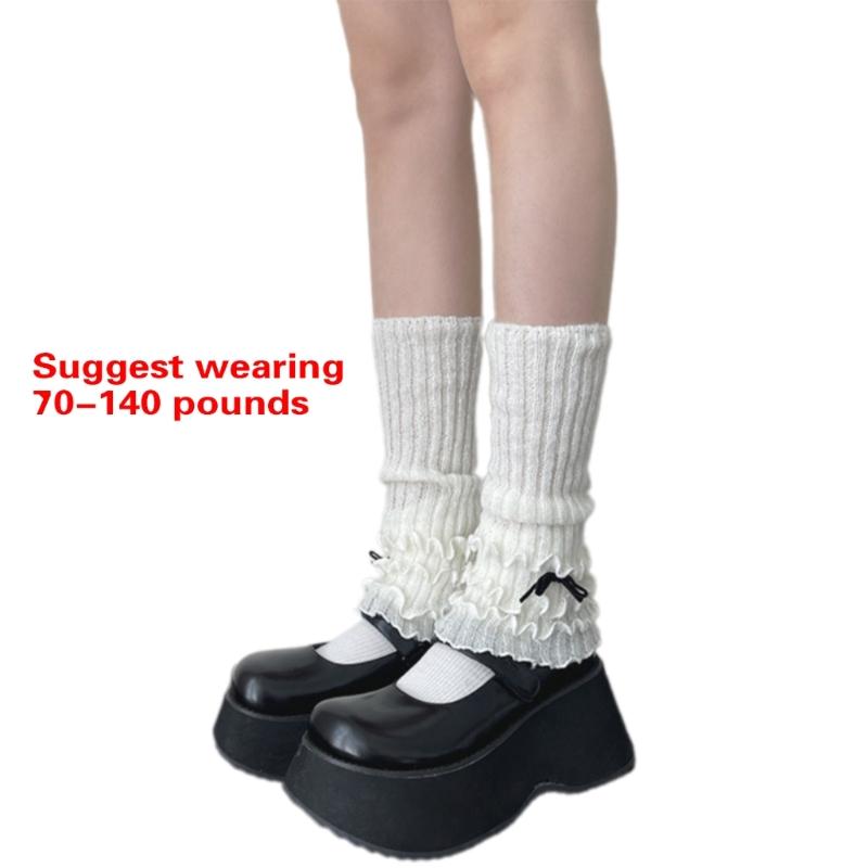 Ribbed Knit Boot Cuffs Footless Socks with Elegant Bows Designs for Women Layered Ruffle Edge Leg Warmers Streetwear