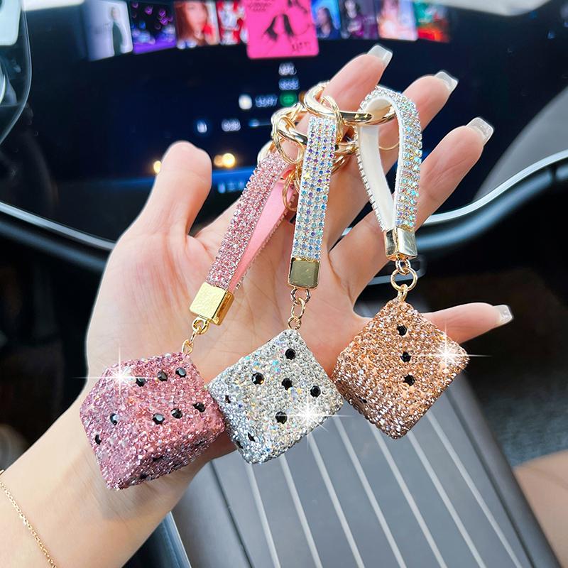 Creative Diamond Rope Dice Car Key Chain Pendant Personality Full Diamond Sieve Bag Accessories Fashion Backpack Gifts