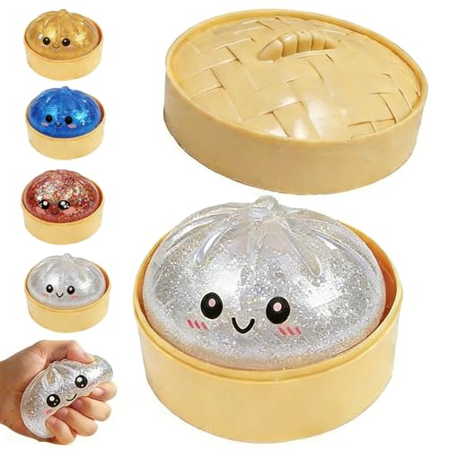 Glitter Dumpling Squishy, 2026 New Bun Squeeze Stress Relief Ball with Steamer Box for Stress Relief (4 Pcs)