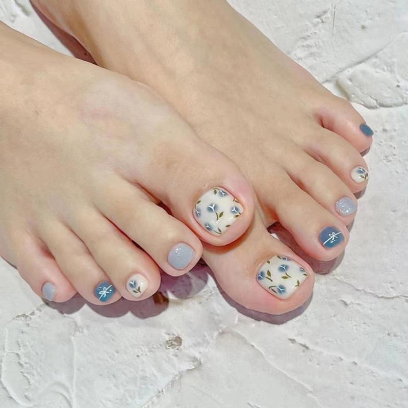 24 Pcs Short Square Fake Toenails Blue Cat Eye Rhinestone Design Full Cover Press On Nail Tips