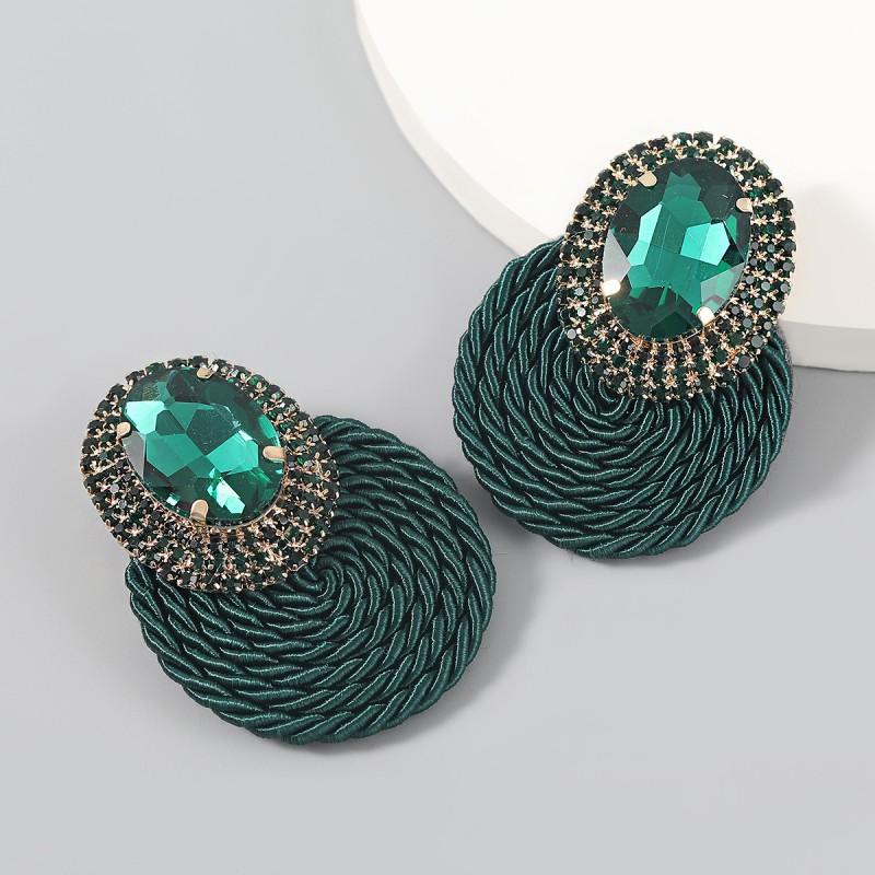 Alloy Rhinestone Oval Glass Stud Earrings Women Stretch Cord Circular Fashion Ear Jewelry In White Green Black Rose Gold