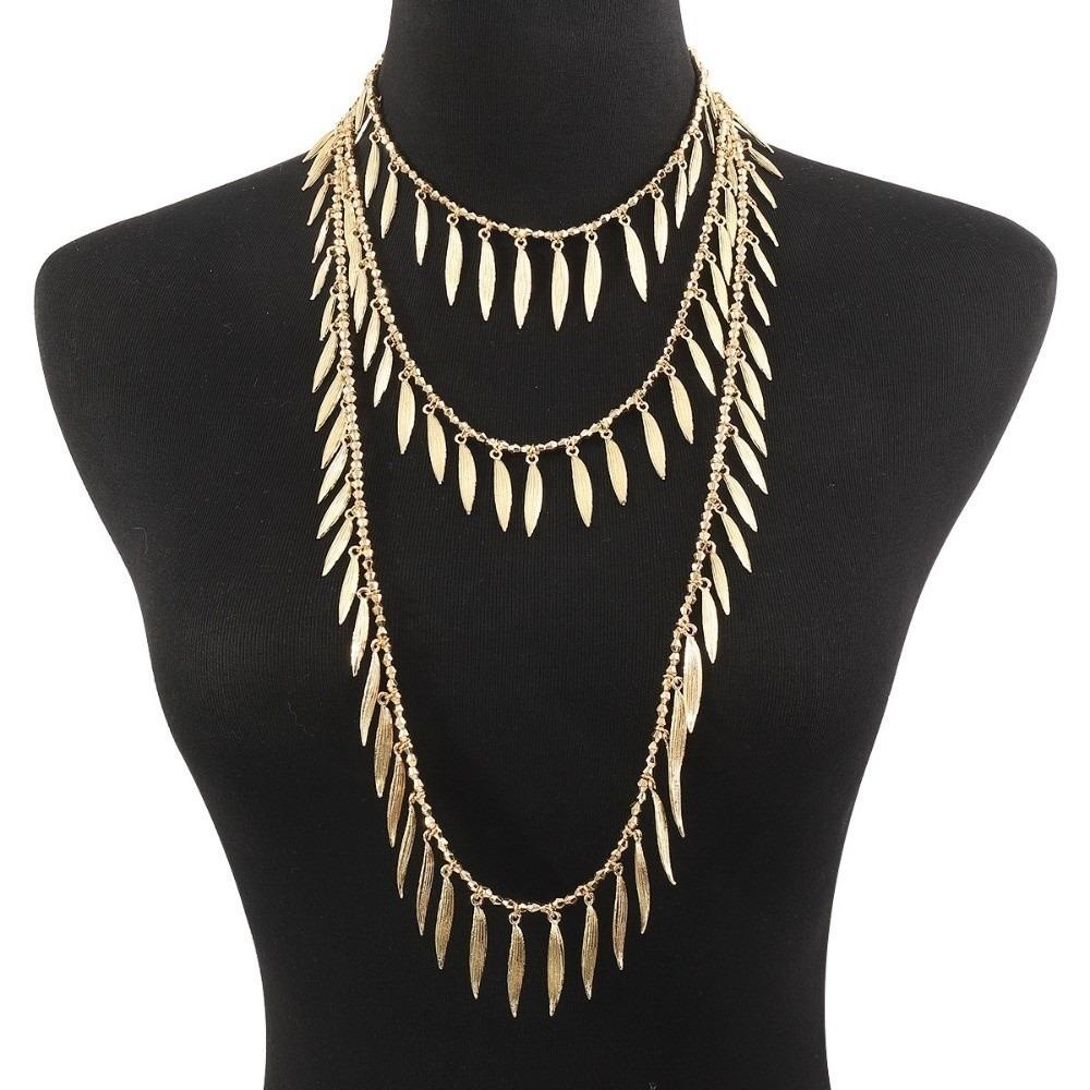 Vintage Beaded Splicing Necklace Alloy Gold /Silver Tassel Necklace Metal Chains Bohemian Style Feather Leaves Charm Necklace