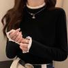 Women's Stylish Thermal Fleece Long Sleeve Lace T-Shirt, Slimming Warm Base Layer, Half-High Neck, Perfect for Autumn/Winter.